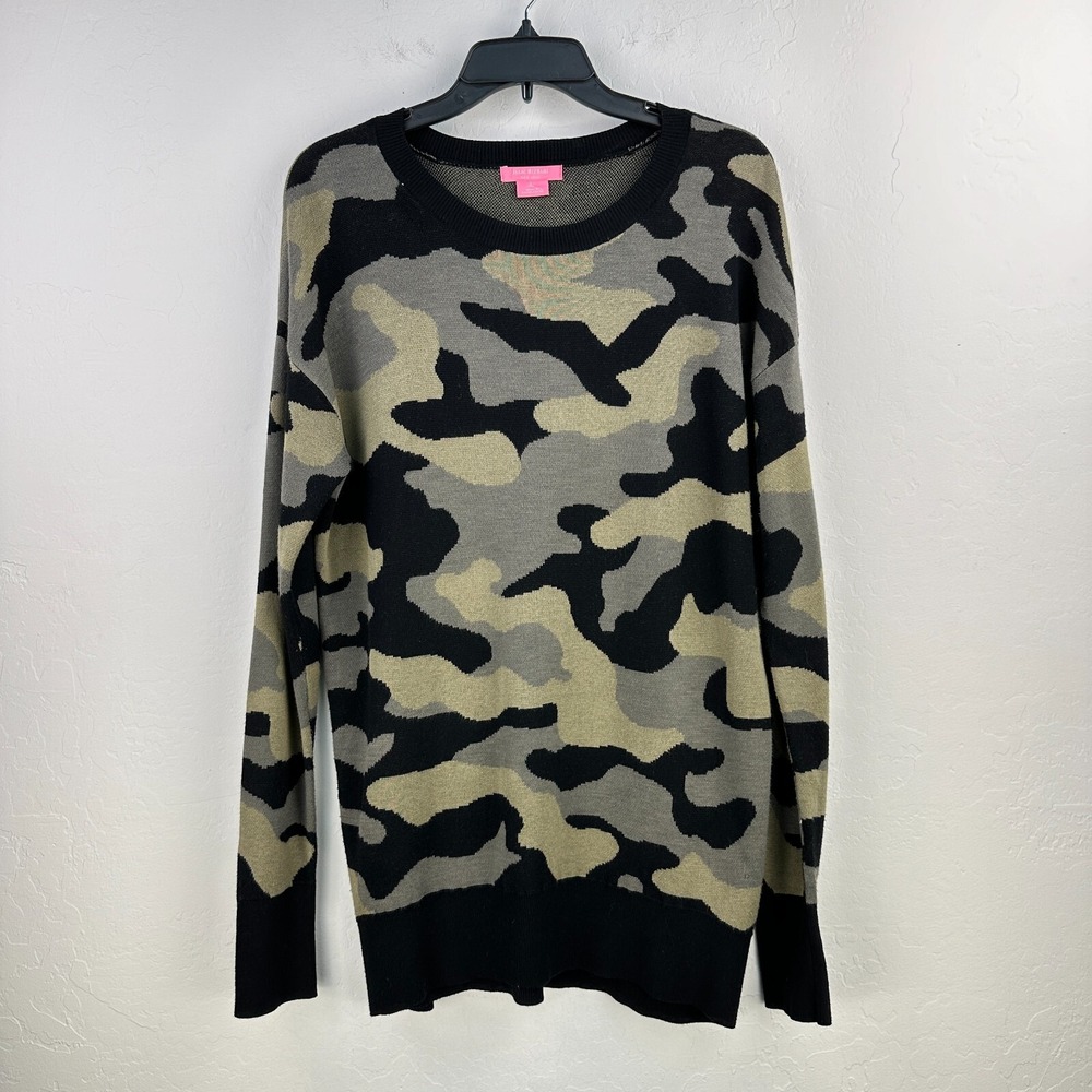 Isaac Mizrahi Camo Sweater Womens Large Black Green Winter Office Casual Preppy